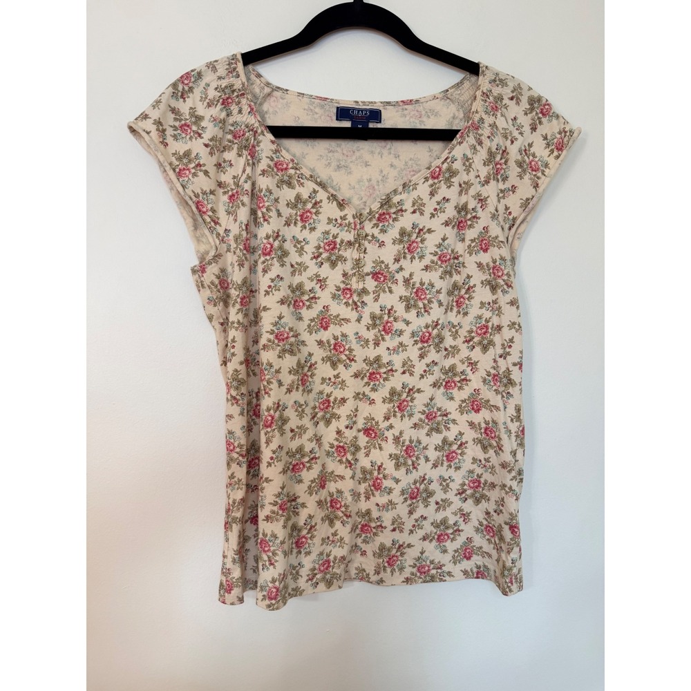 Chaps Denim Womens Floral Henley Top Cotton Short Sleeve Pink Cream Size M